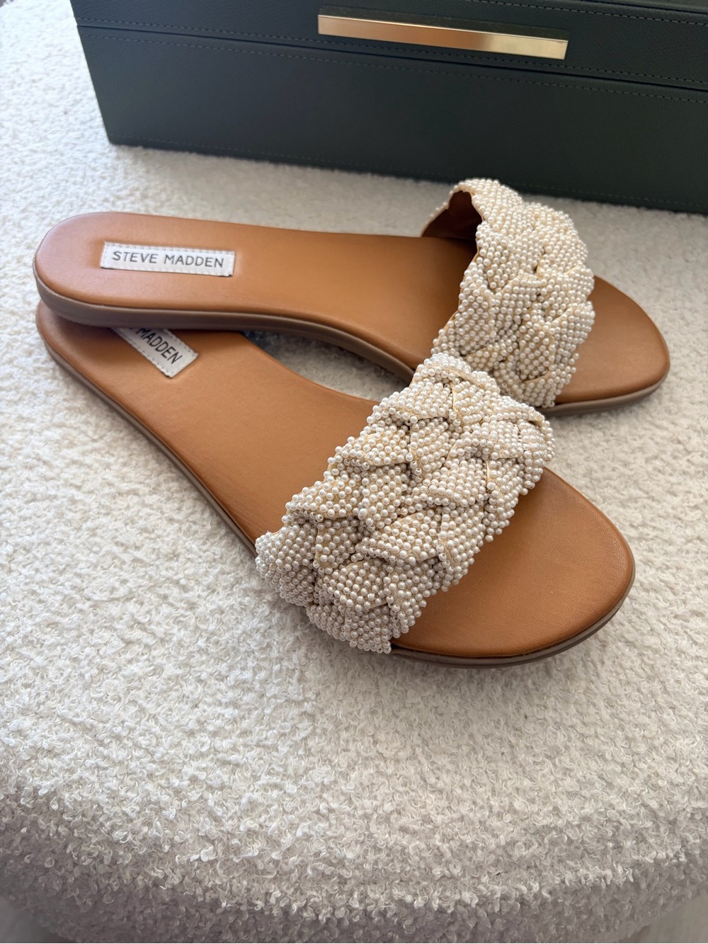 Steve Madden Ivory Beaded Braided Slide Sandals
